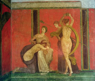 Geselde vrouw en danseres met cimbalen, Zuidmuur, Oecus 5, Tweede Pompeiaanse stijl door Roman